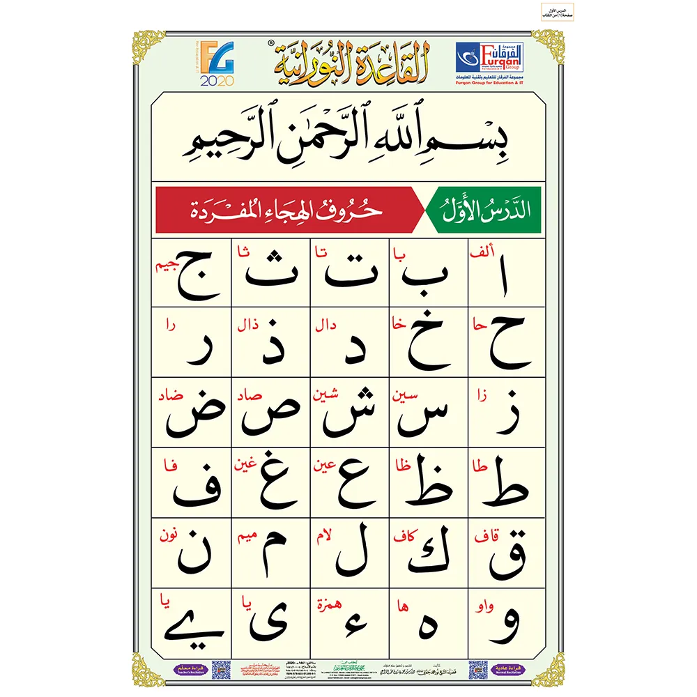 The entire book of Qaidah Nuraniah in the form of enlarged plates (90*60 cm.) with a QR code