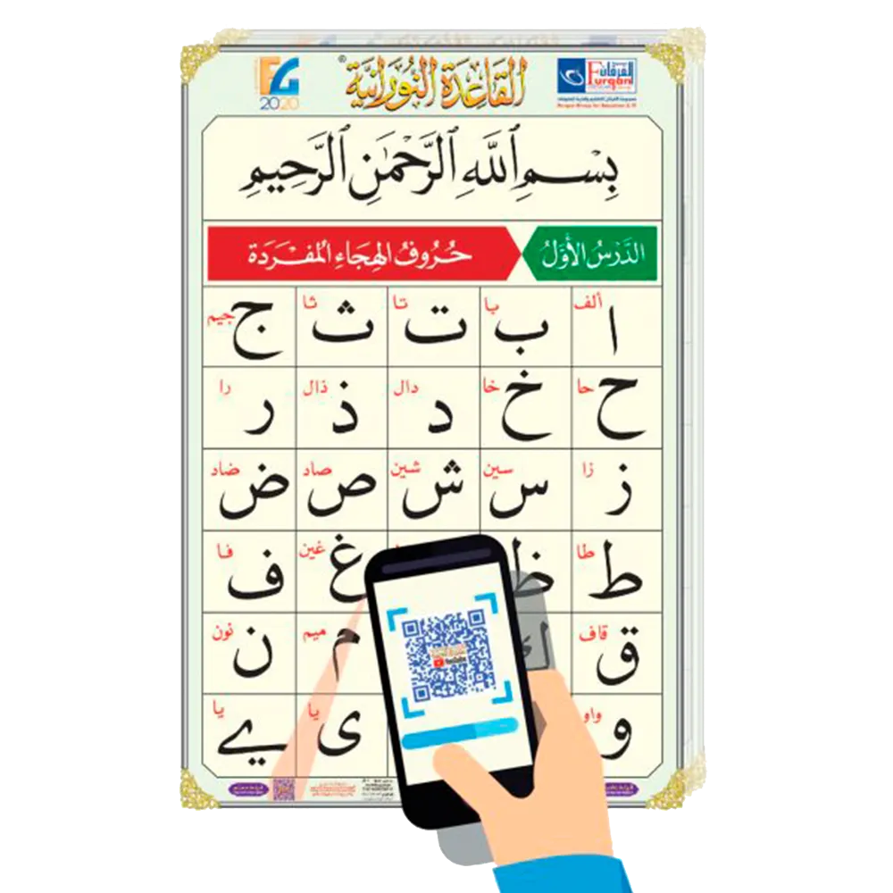 The entire book of Qaidah Nuraniah in the form of enlarged plates (90*60 cm.) with a QR code